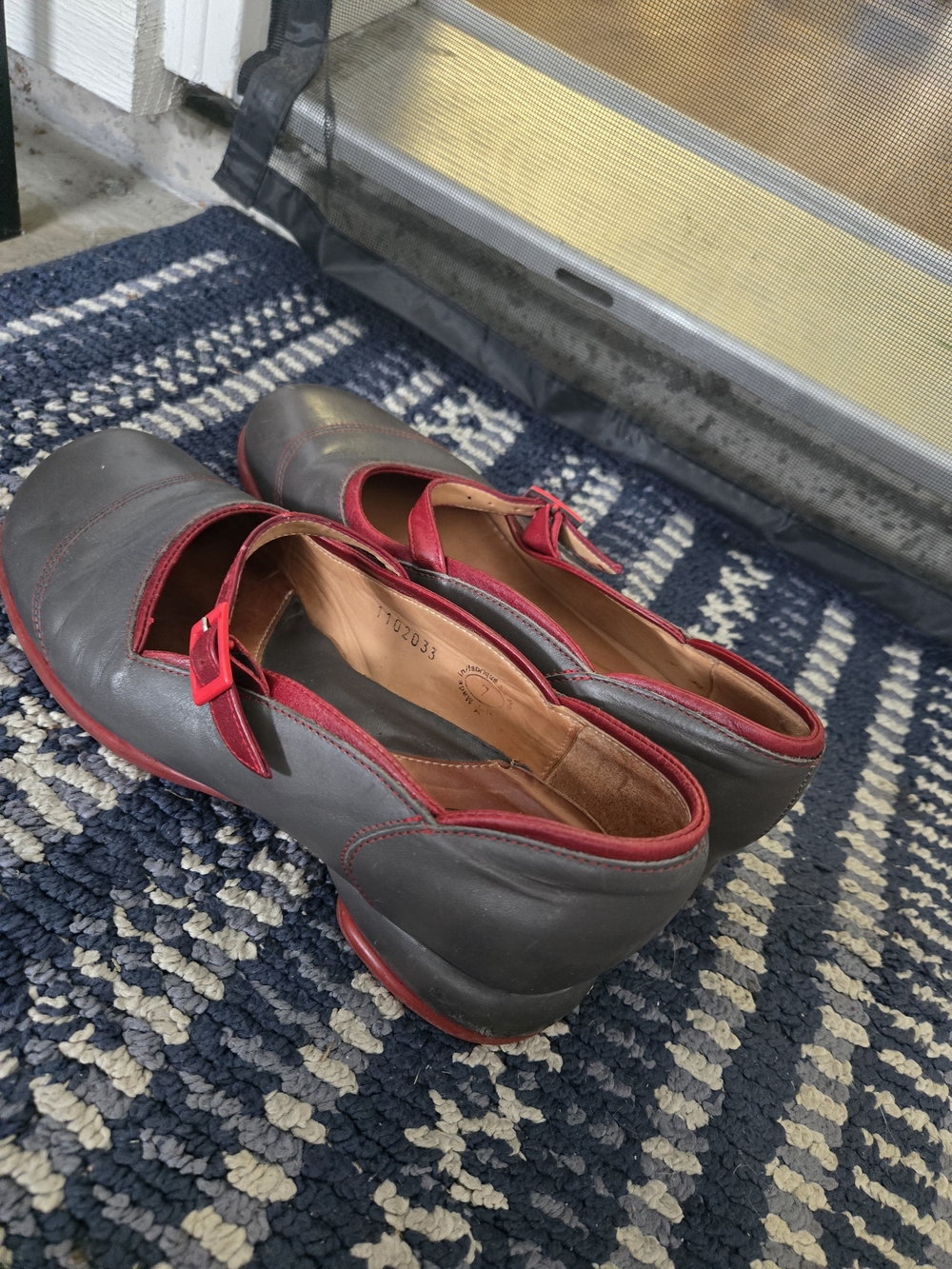 John Fluevog Gray Leather Mary Janes with Red Trim